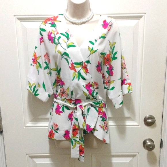 Worthington Floral Wrap Blouse - White with Pink and Green Size XL - Picture 1 of 4
